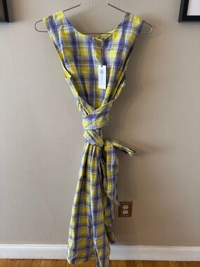 Plaid Maxi Dress with Waist Tie in Yellow and Purple